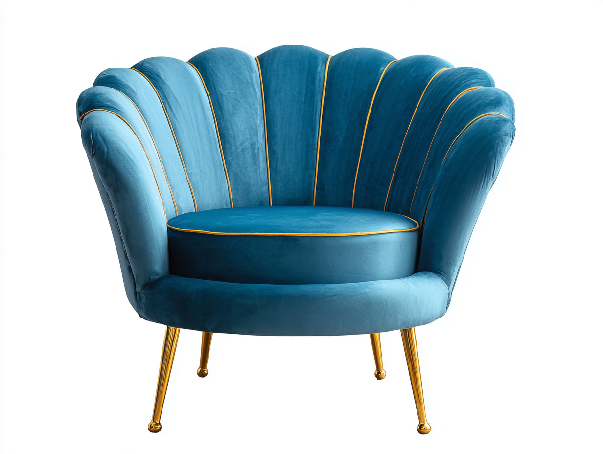 Fauteuil - velours - 109x91x90 cm - bleu-or - style coquillage glamour