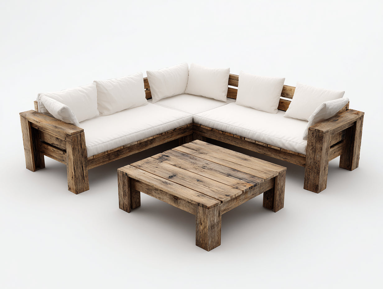 Canapé de jardin - bois-textile - 240x240x78 cm - brun-blanc - rustique