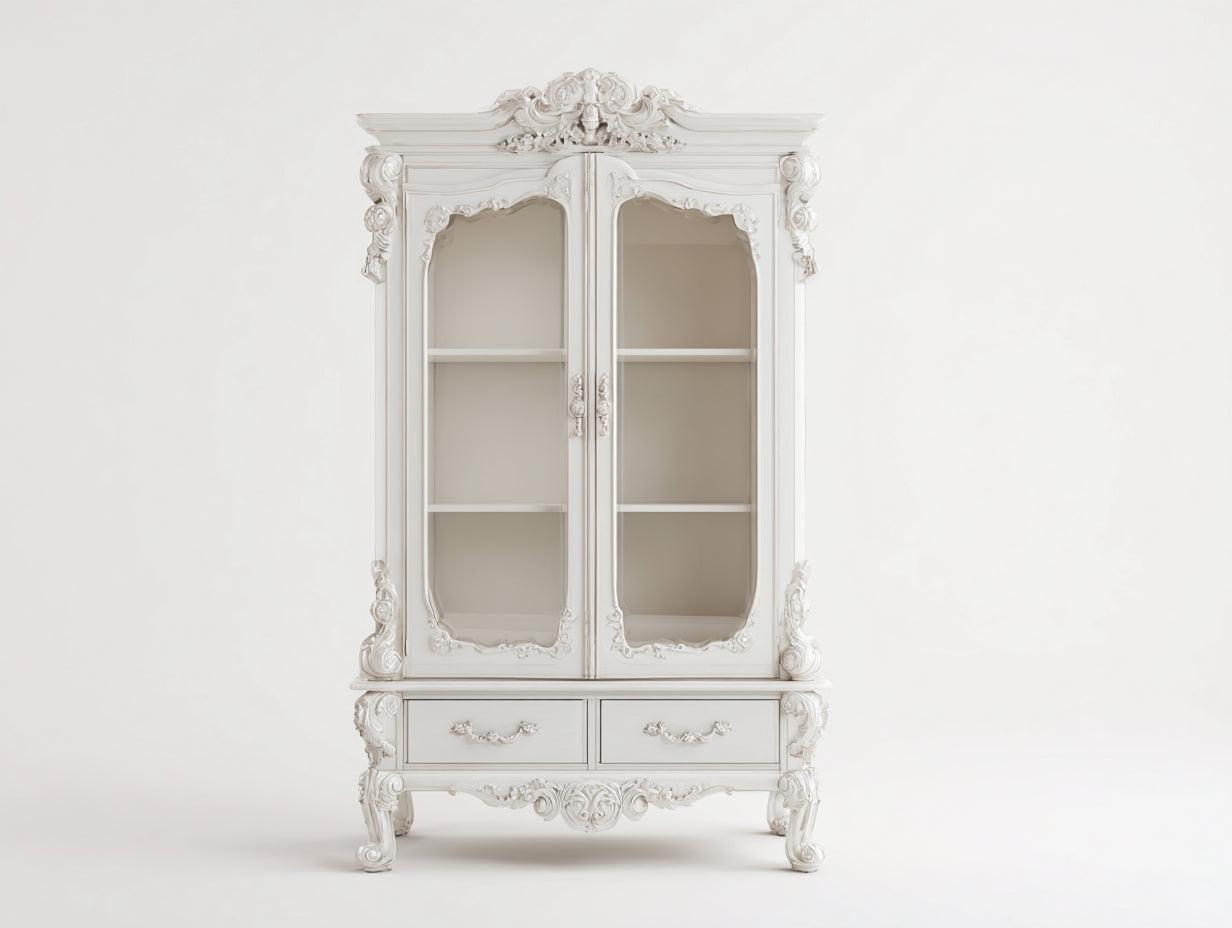 Vitrine - bois-verre - 120x45x210 cm - blanc ivoire - style baroque