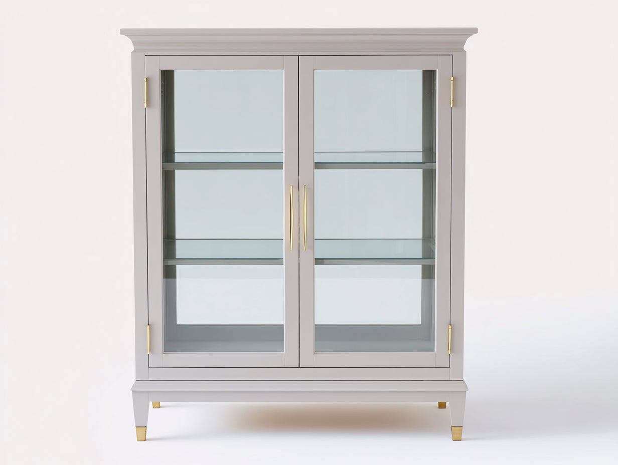 Vitrine - bois-verre - 100x40x165 cm - gris clair-doré - style contemporain