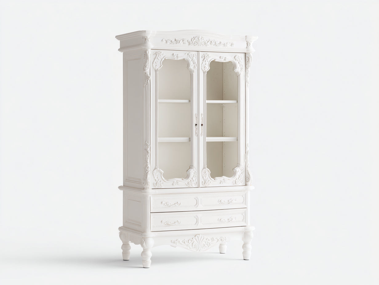 Vitrine - bois-verre - 110x42x198 cm - blanc ivoire - style baroque