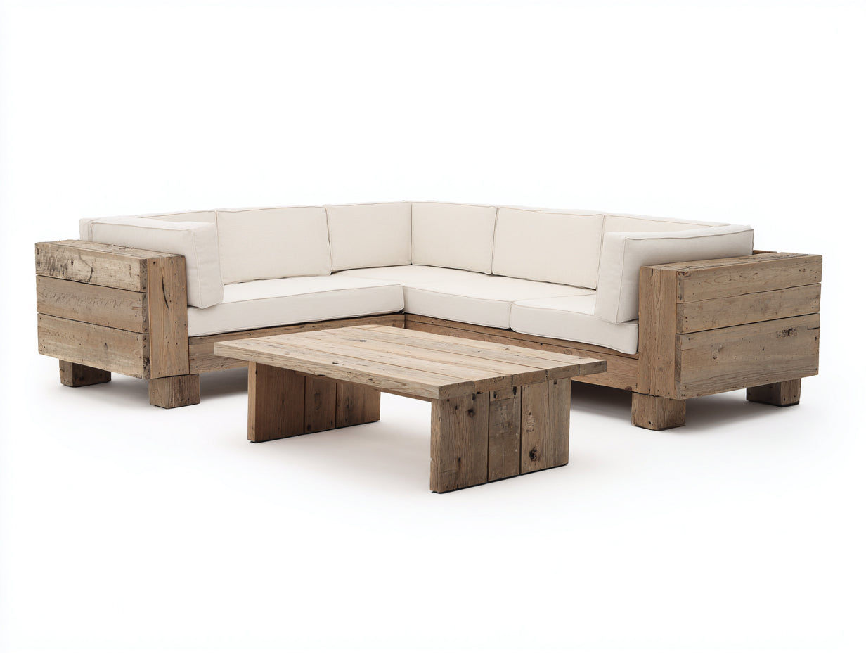 Canapé de jardin - bois-textile - 250x250x76 cm - brun clair-écru - rustique
