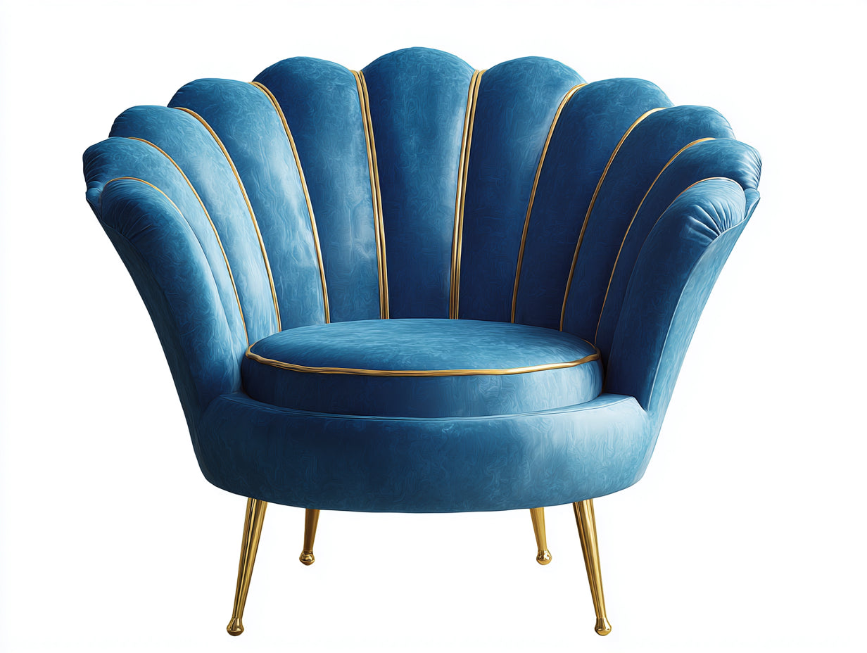 Fauteuil - velours - 108x90x91 cm - bleu-or - style coquillage contemporain