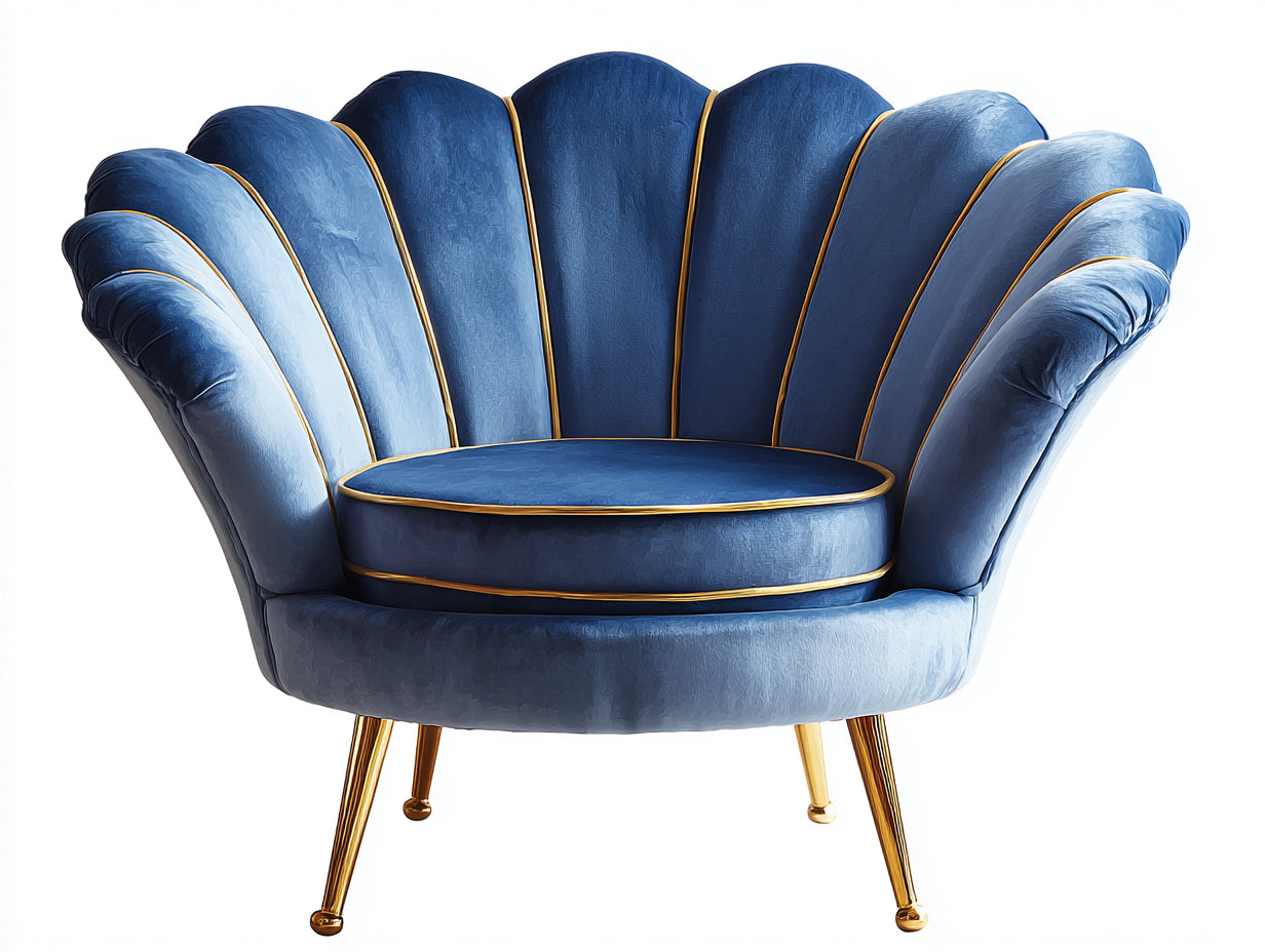 Fauteuil - velours - 110x92x92 cm - bleu-or - style coquillage glamour