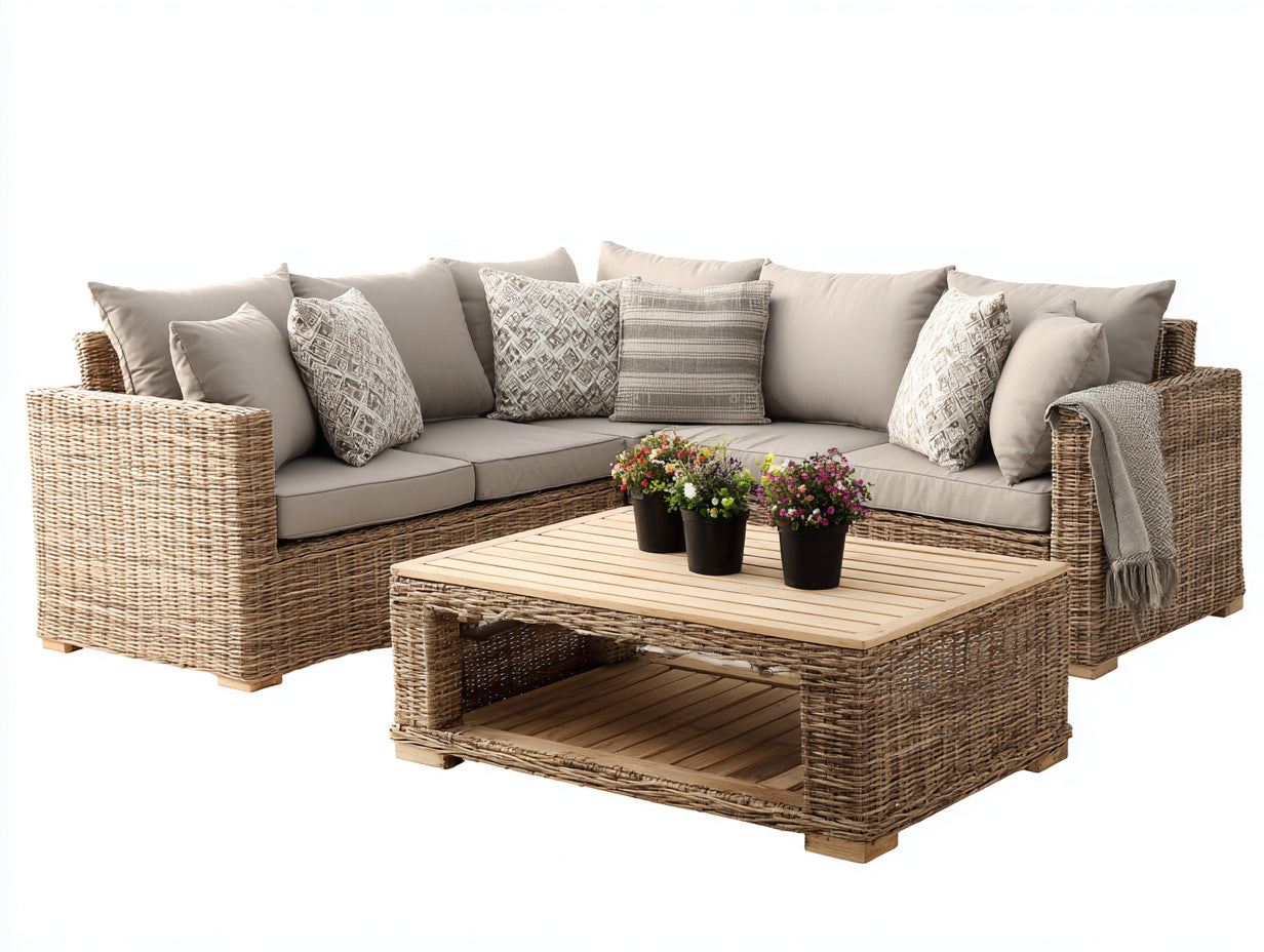 Canapé de jardin - rotin-bois-textile - 250x250x78 cm - naturel-beige - contemporain