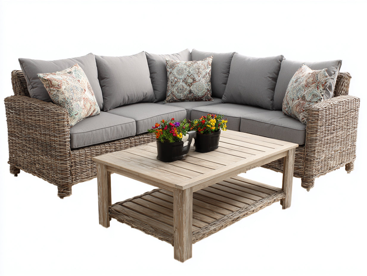 Canapé de jardin - rotin-bois-textile - 245x245x80 cm - naturel-gris - contemporain